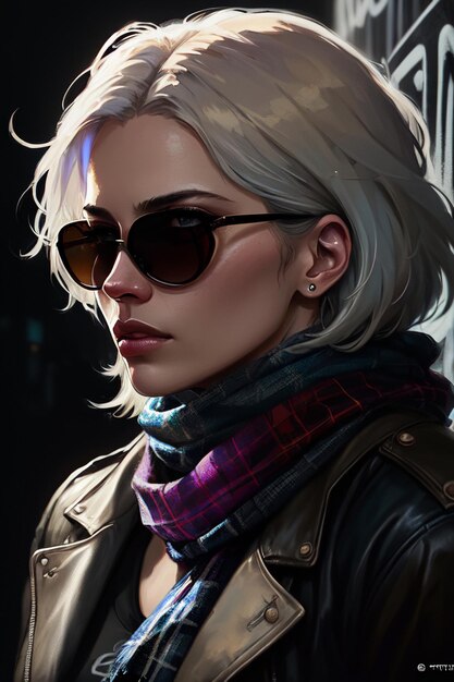 A girl with a black leather jacket and sunglasses