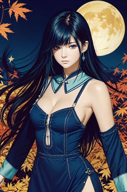 a girl with black long hair with a full moon behind her