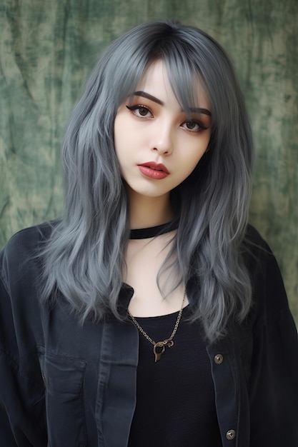 A girl with a black shirt and blue hair