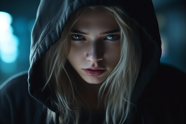 A girl with blond hair in a hooded sweatshirt