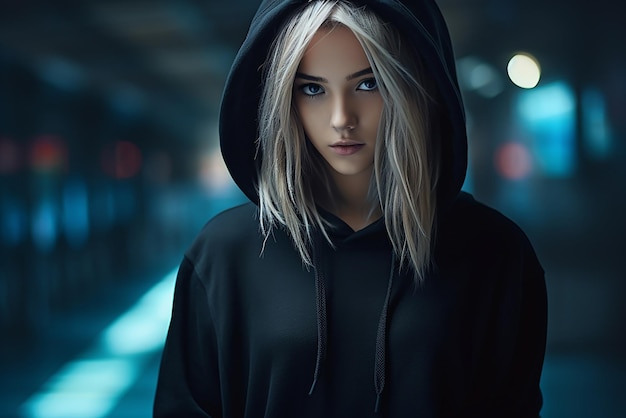 A girl with blond hair in a hooded sweatshirt