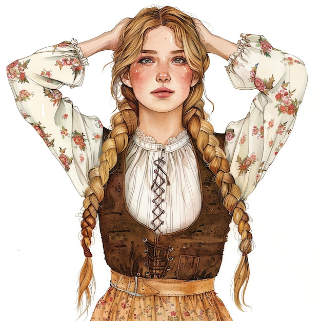 Photo girl with blond hair with pigtails wearing peasant dress with white blouse and brown vest simple