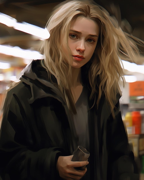 a girl with blonde hair and a black jacket is standing in front of a store.