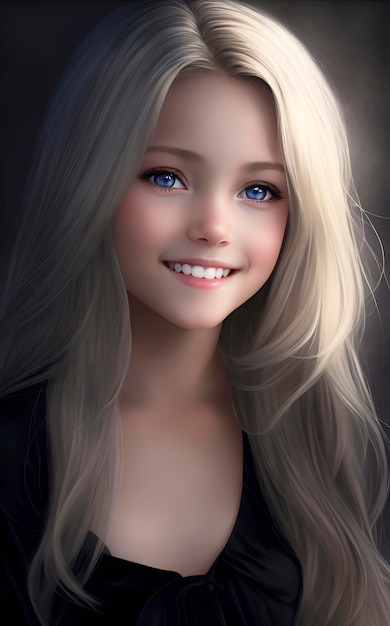 A girl with blonde hair and blue eyes smiles at the camera.