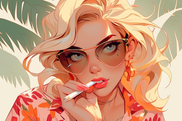 A girl with blonde hair and a cigarette in her mouth.