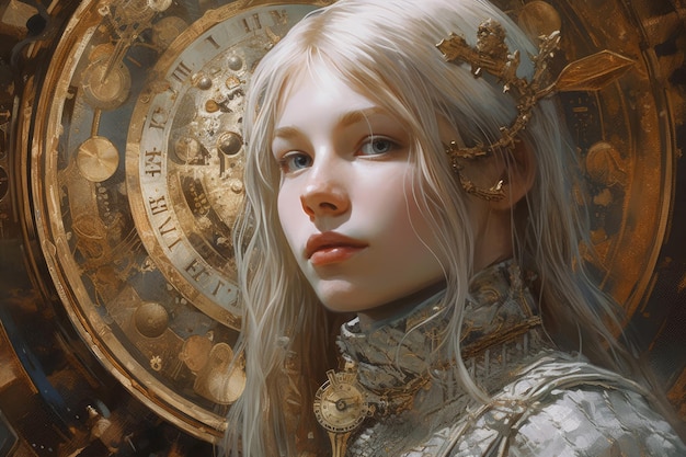 A girl with blonde hair and a clock face