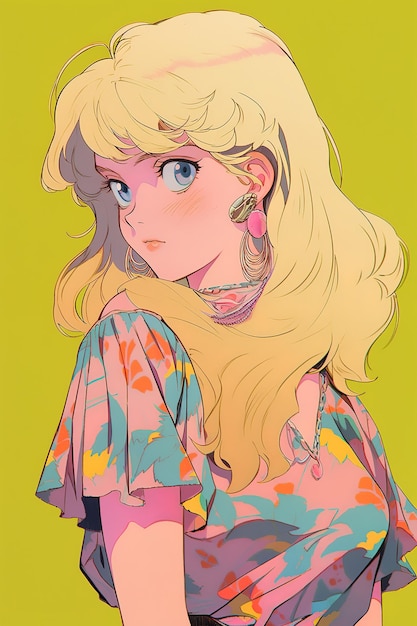 A girl with blonde hair and a colorful shirt with yellow background