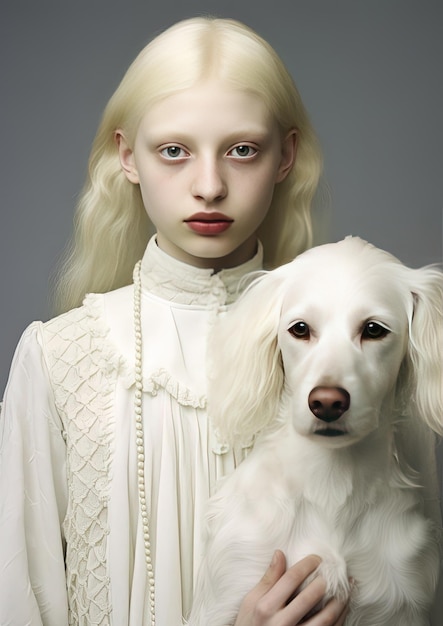 Photo a girl with blonde hair and a dog in front of her