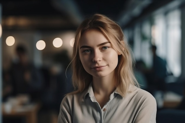 A girl with blonde hair and a grey shirt stands in a cafe.