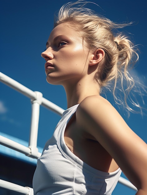 a girl with blonde hair is walking in a white tank top and her hair is in a ponytail.