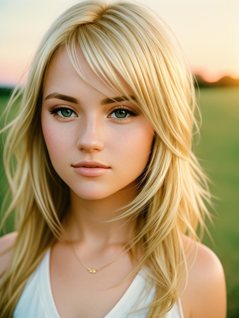 A girl with blonde hair and a necklace