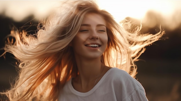 Foto una ragazza con i capelli biondi sorride e sorride.