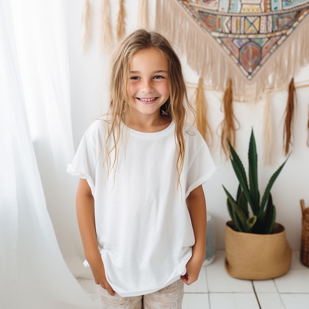 Photo a girl with blonde hair standing in front of a window with a flower pot on the floor.