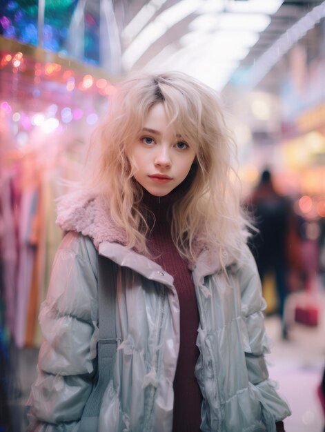 a girl with blonde hair standing in a mall