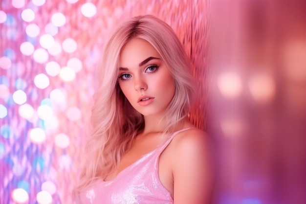 A girl with blonde hair stands in front of a pink wall with lights.