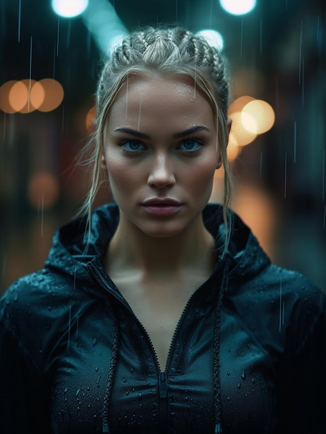 a girl with blonde hair wearing a black jacket with the word " on it. "