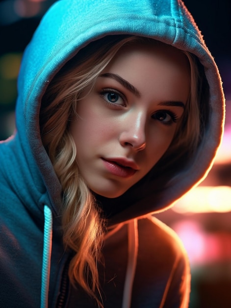 a girl with blonde hair wearing a blue hoodie