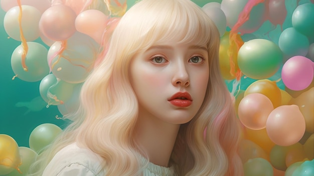 A girl with blonde hair and a white shirt stands in front of a colorful balloons dreamy land