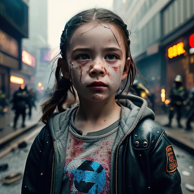 A girl with blood on her face stands in the street.