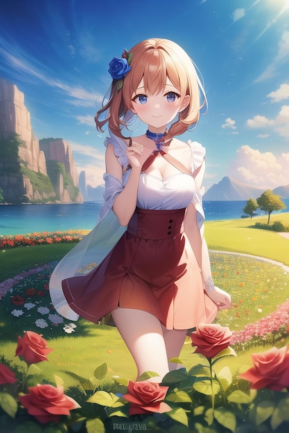 A girl with a blue bow walks in a field of flowers.
