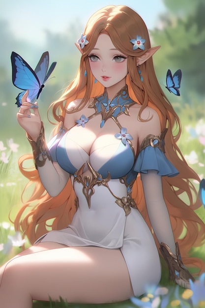 A girl with blue butterflies on her dress