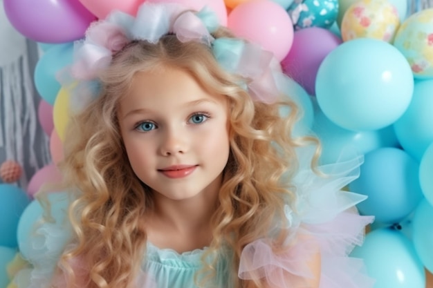 A girl with a blue dress and a pink bow on her head stands among a bunch of colorful balloons.