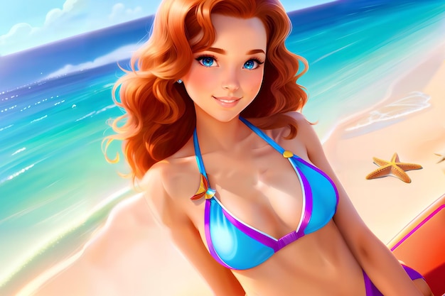 A girl with blue eyes and a blue bikini top Beautiful young womans in a swimsuit for the beach