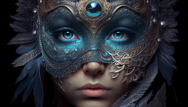 A girl with blue eyes and a blue mask