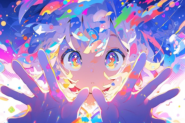 A girl with a blue eyes and a colorful background