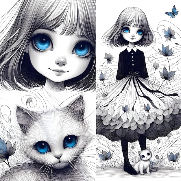 A girl with blue eyes in a dress with petals and her cat with blue eyes