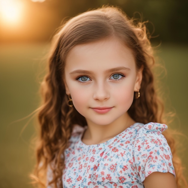 A girl with blue eyes and a flowered dress