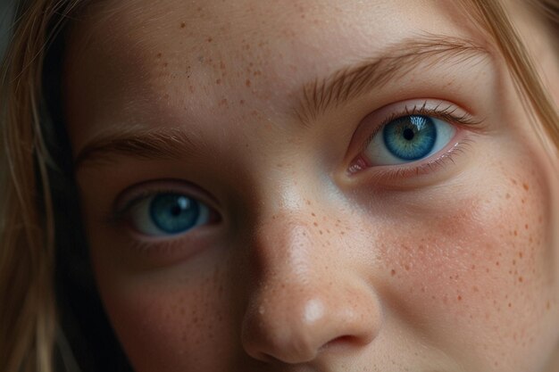 a girl with blue eyes and a freckles on her face