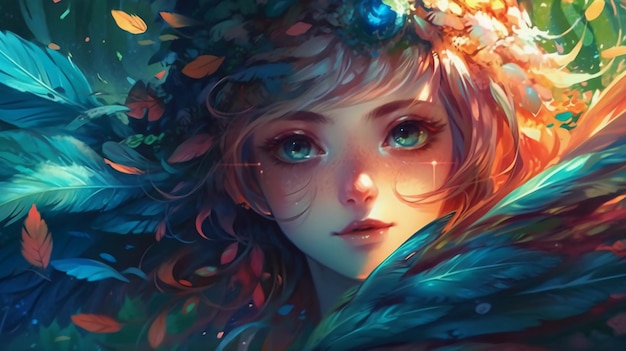 A girl with a blue eyes and a green feathered head is surrounded by leaves.