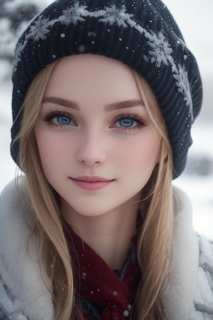 A girl with blue eyes and a hat with snow on it