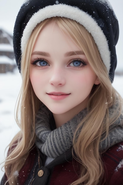 A girl with blue eyes in a hat
