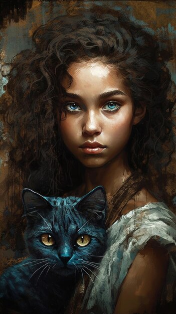 A girl with blue eyes holds a black cat.