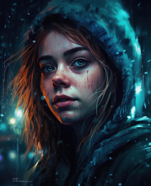 A girl with blue eyes and a hood with blood on her face