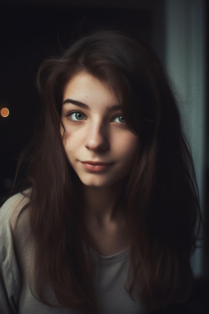 A girl with blue eyes is sitting in front of a window.