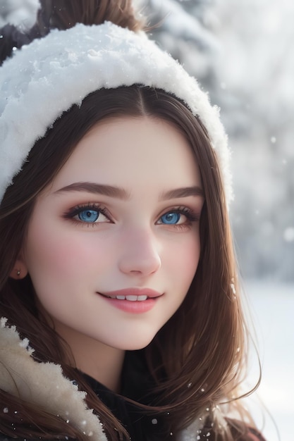 A girl with blue eyes is standing in the snow.