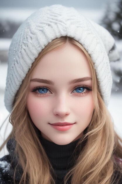 A girl with blue eyes is standing in the snow.