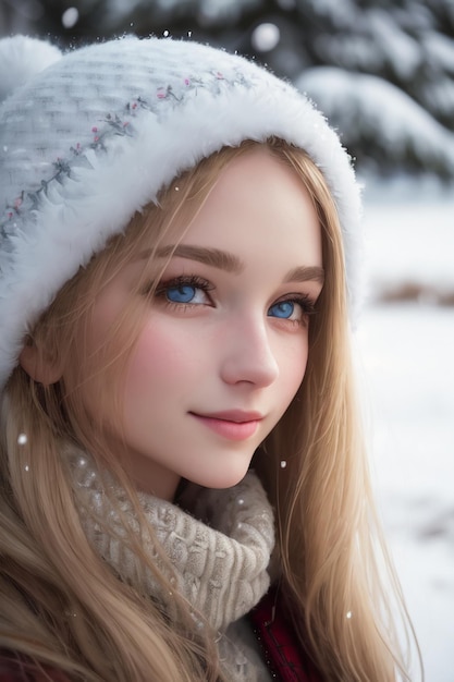 A girl with blue eyes is standing in the snow.