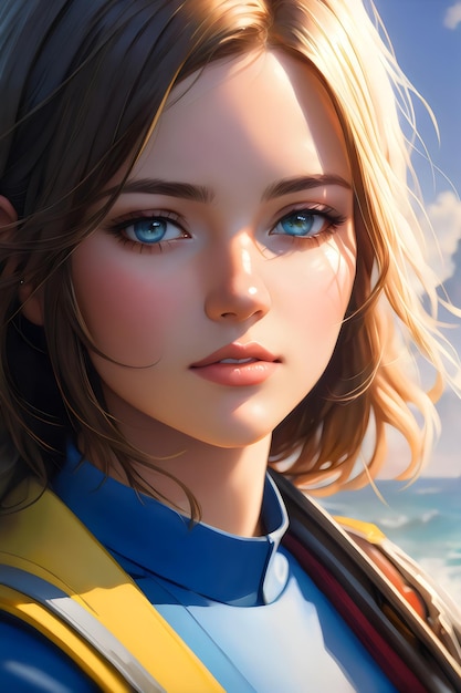 A girl with blue eyes looks at the sea