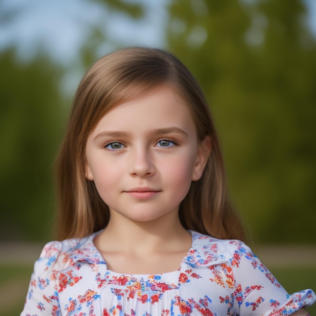 A girl with blue eyes and a pink and blue dress is standing in a park.