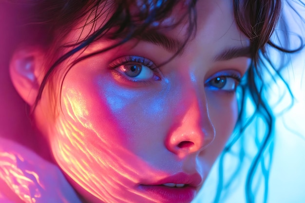 Girl with blue eyes and purple light hitting her face