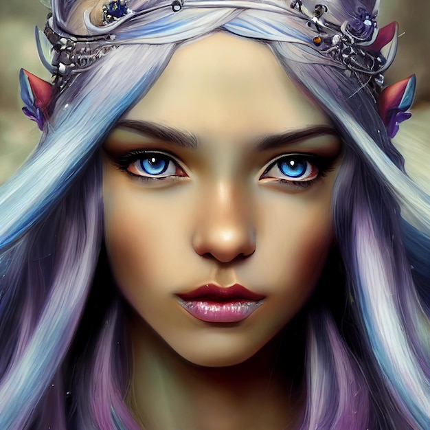 A girl with blue eyes and a silver crown