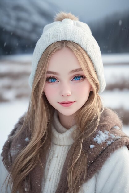 A girl with blue eyes in the snow