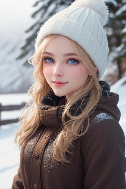 A girl with blue eyes in the snow