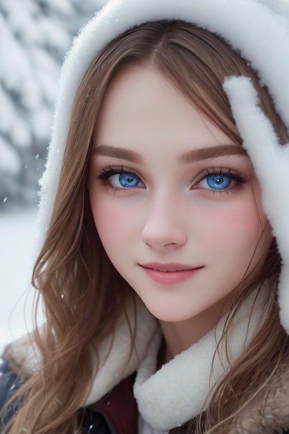 A girl with blue eyes in the snow