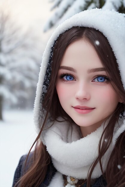 A girl with blue eyes in the snow