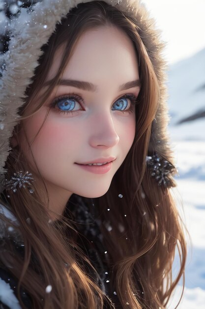 A girl with blue eyes in snow